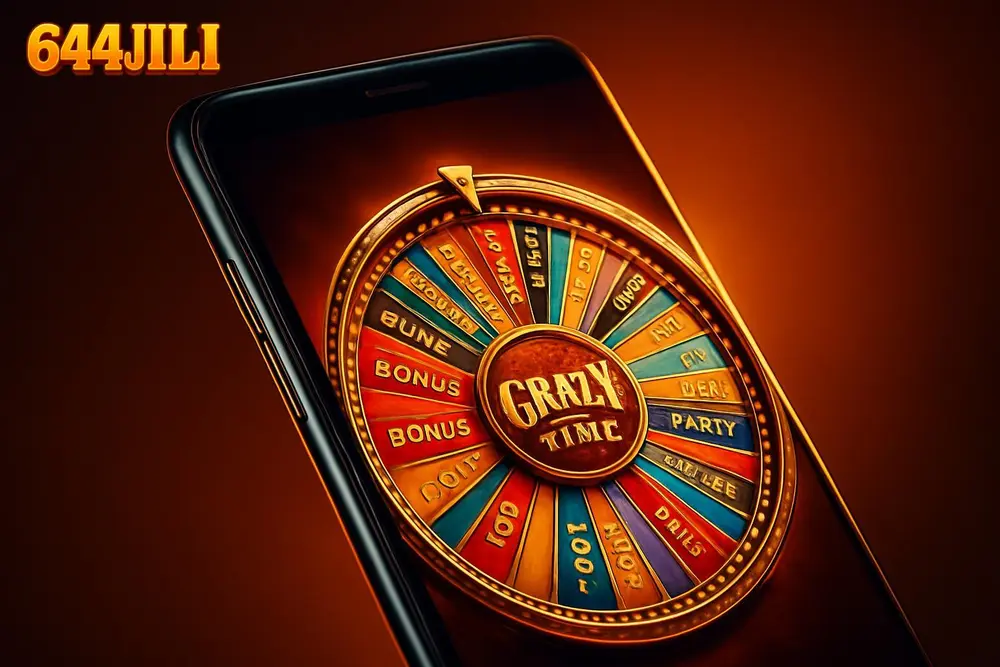 644JILI Crazy Time — a smartphone showing a vibrant wheel-spin game with bonus segments