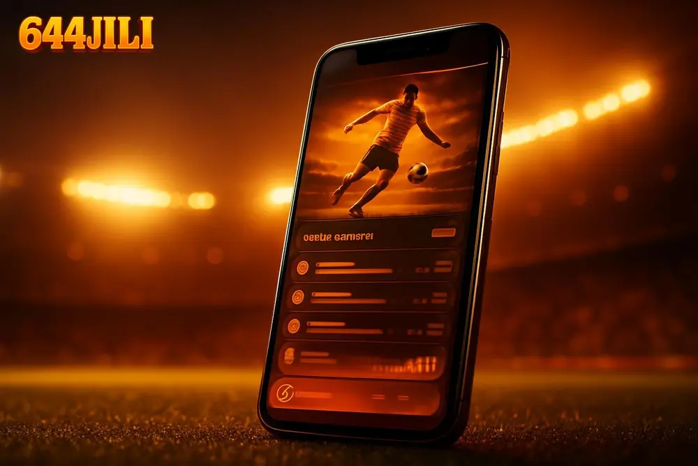 644JILI Bangladesh — a smartphone showing a vibrant sports betting app on a stadium background