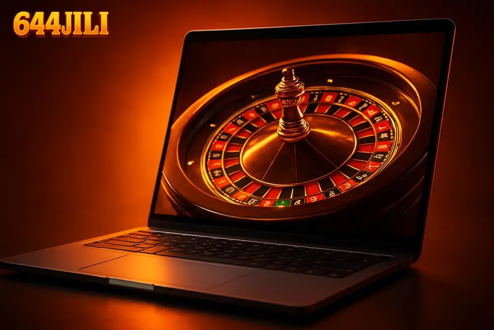 644JILI Live Casino — a laptop screen displaying a live roulette wheel spinning