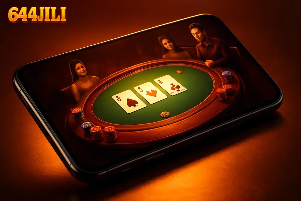 644JILI Teen Patti โ a smartphone showing a colorful card game table with players 644JILI Teen Patti โ a smartphone showing a colorful card game table with players